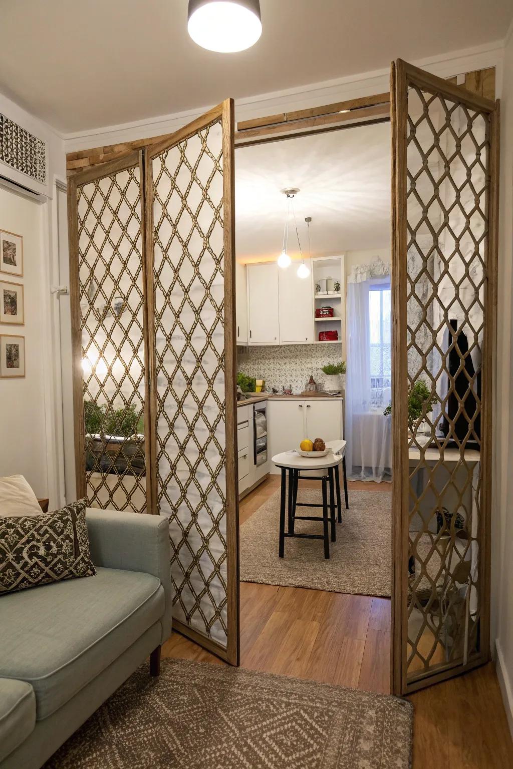 Crisscross doors add texture and charm to this contemporary studio apartment.