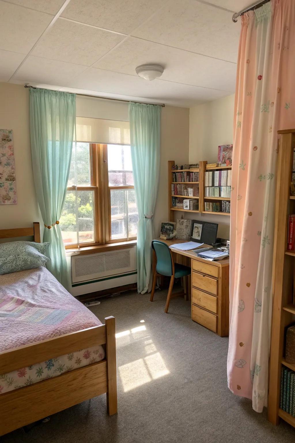 Drapes can create private zones even in shared dorms.
