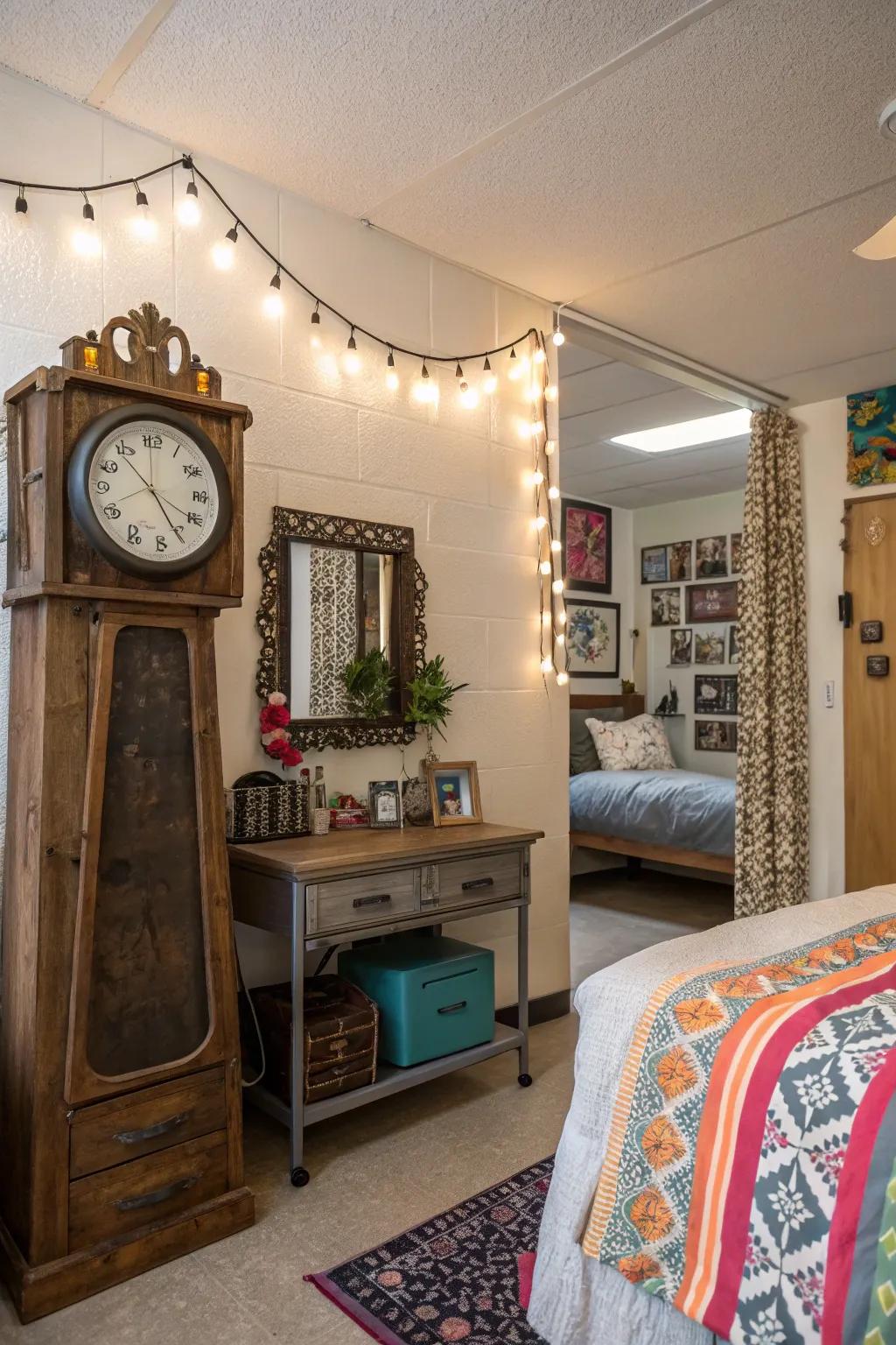 A vintage piece provides unique style and character to the dorm room.