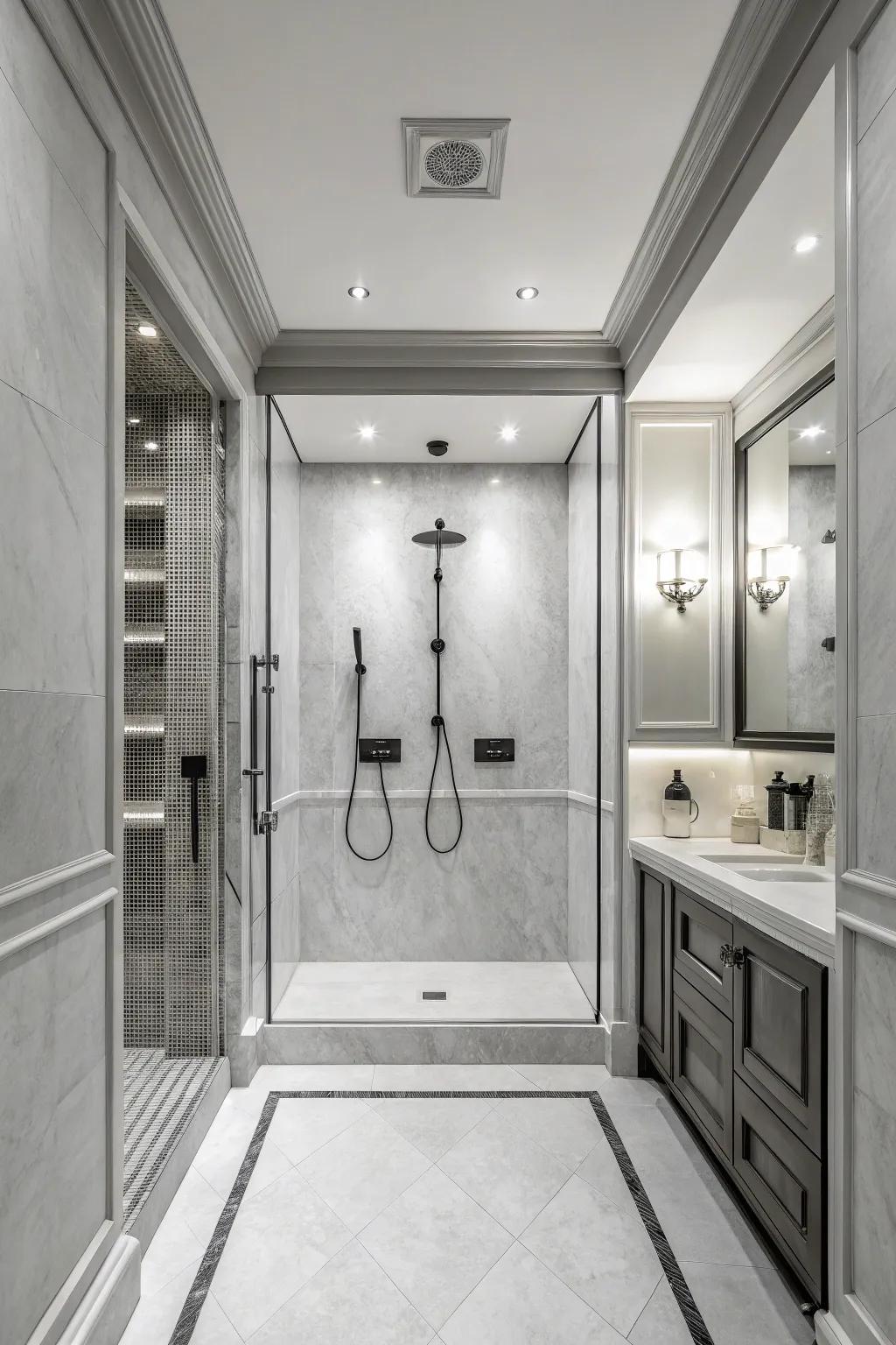 Achieve timeless elegance with a monochrome dual showering palette.