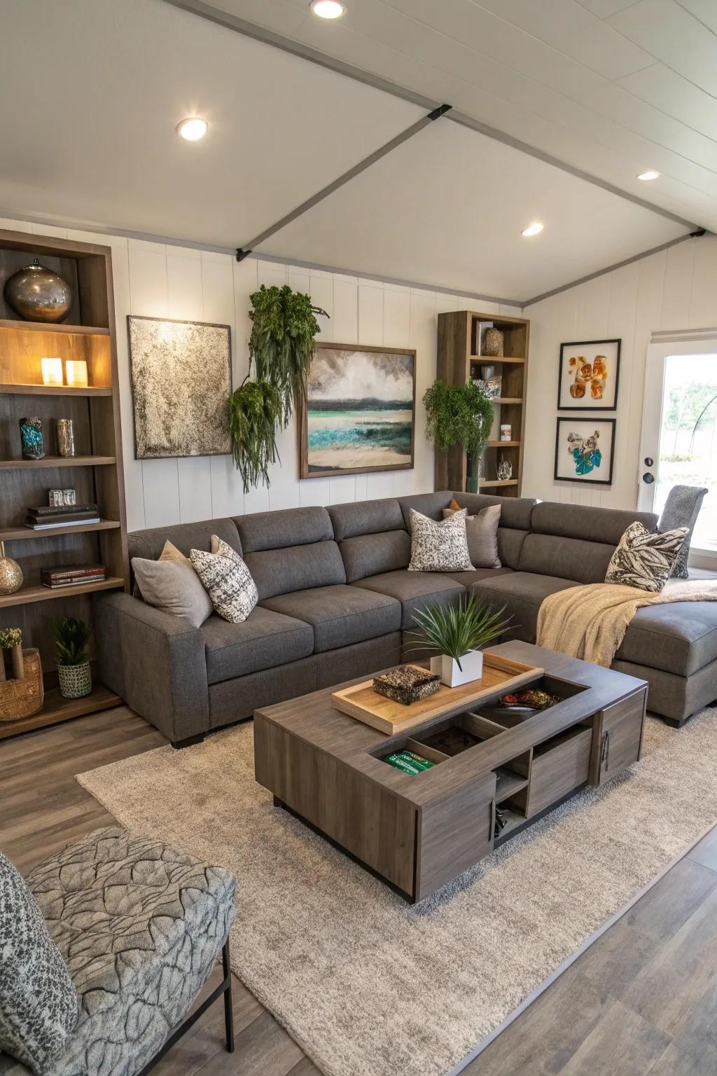 Multi-purpose furnishings maximize area and utility.