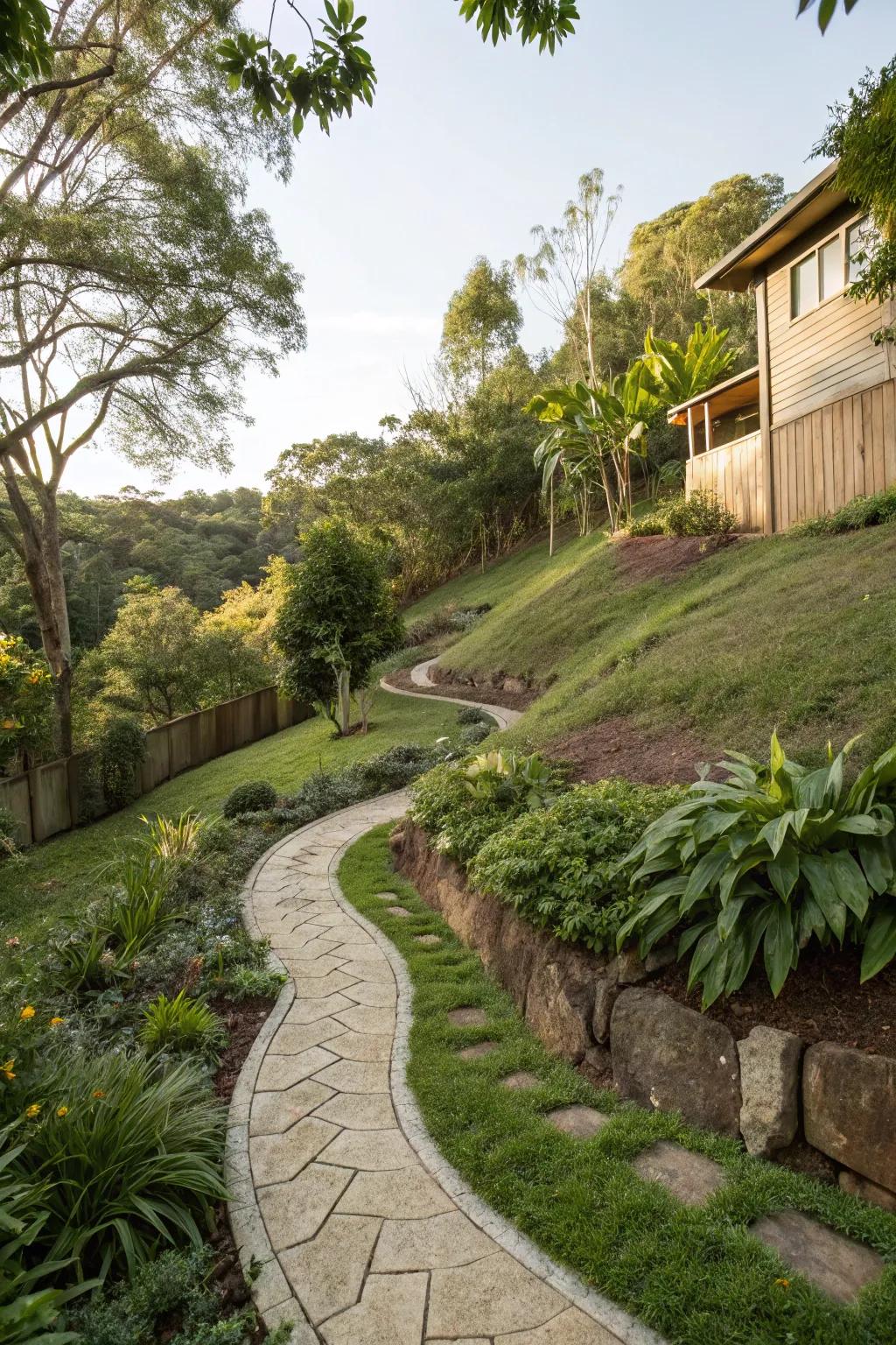 Serpentine paths craft a whimsical expedition through sloped gardens.