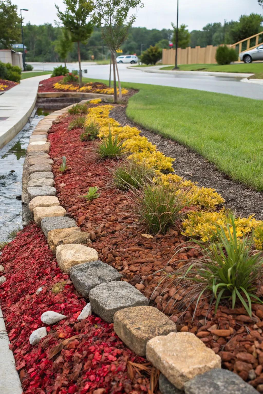 Vibrant mulches contribute a burst of color to a drainage channel.
