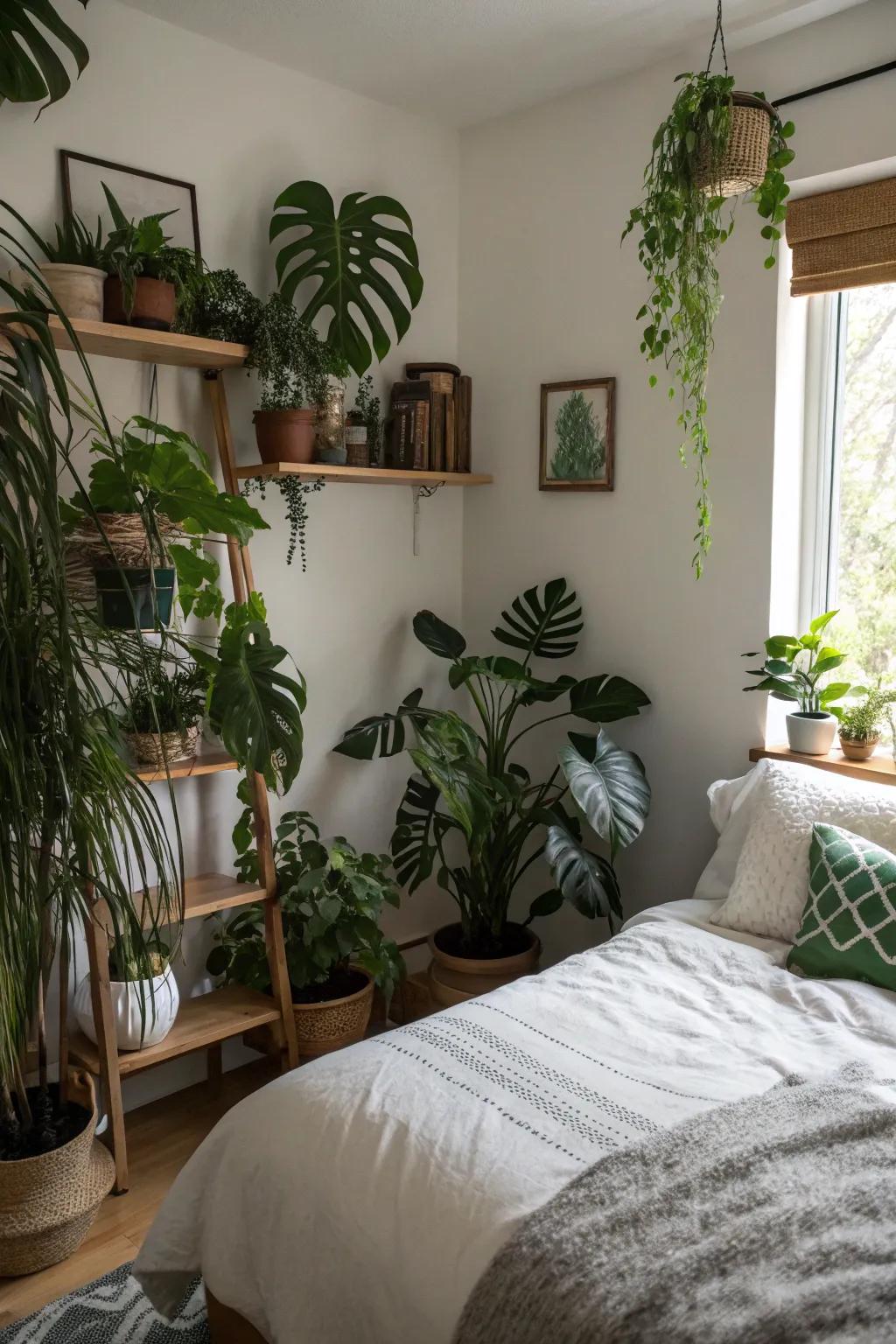 Dark green plants infuse life and contrast into the room.