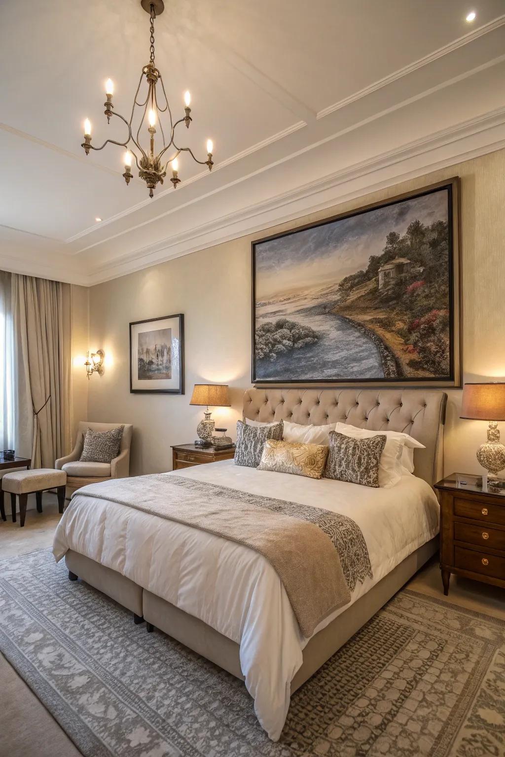 A bedroom with an oversized art piece making a dramatic statement.