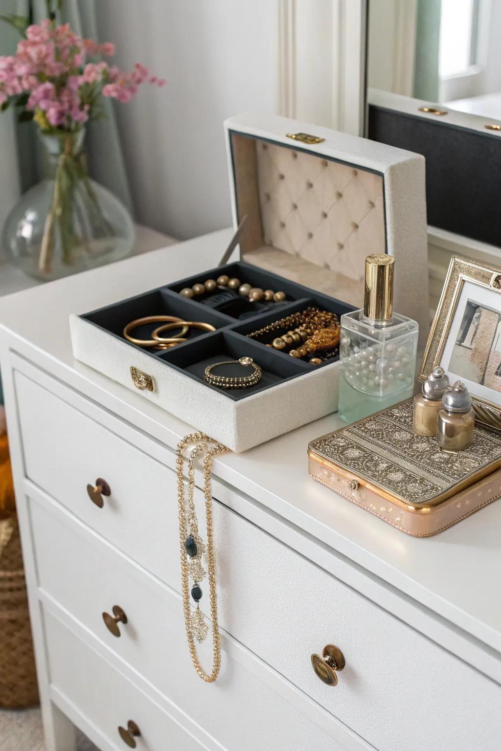 Functional decor pieces contribute beauty and utility to the dresser.