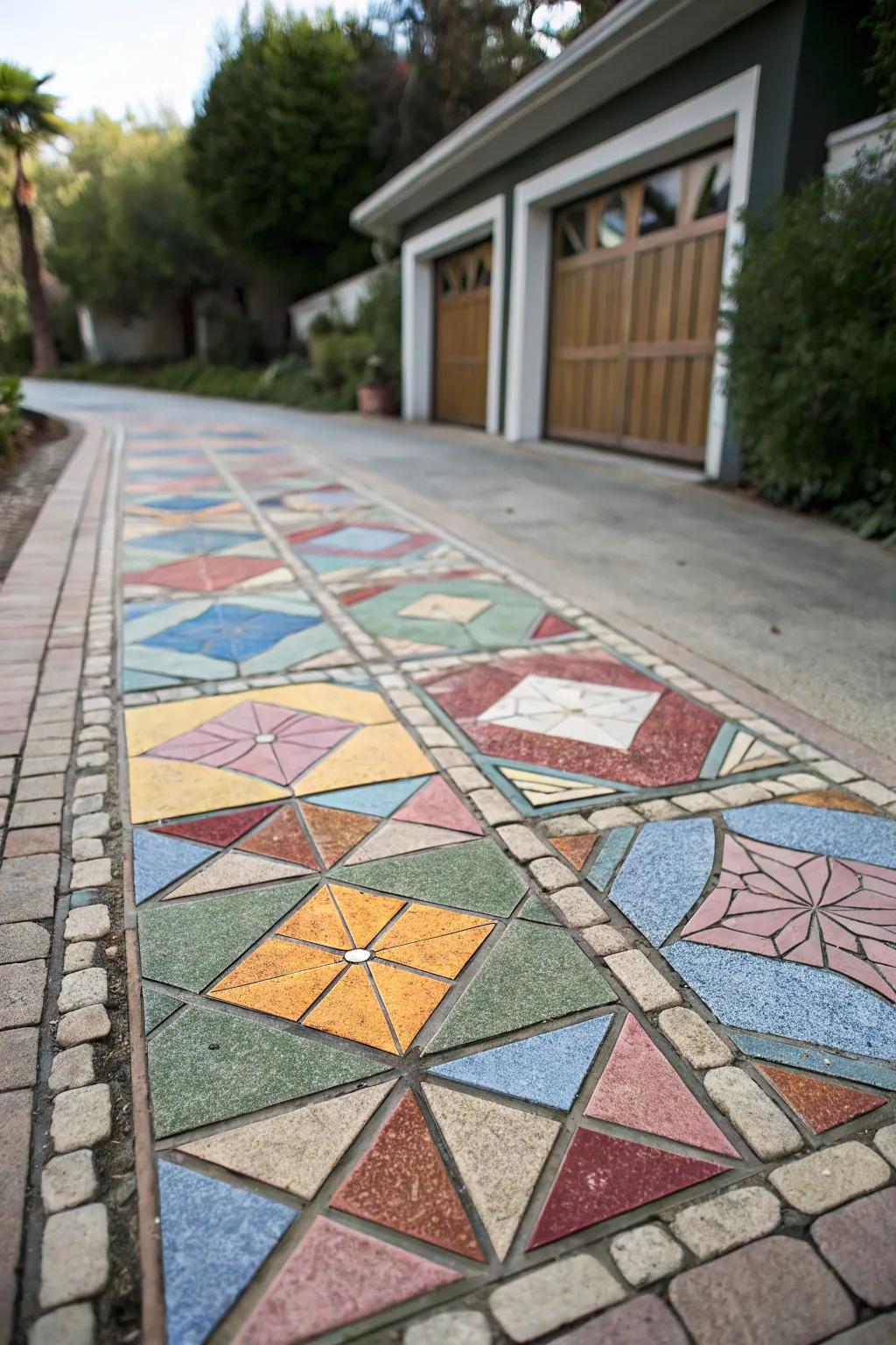 Mosaic designs turn driveways into artistic expressions.