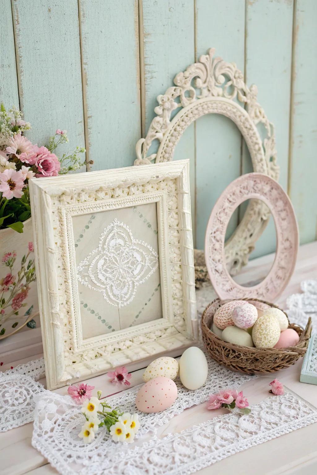 A vintage-inspired backdrop with old frames and lace adds nostalgic charm to Easter photos.