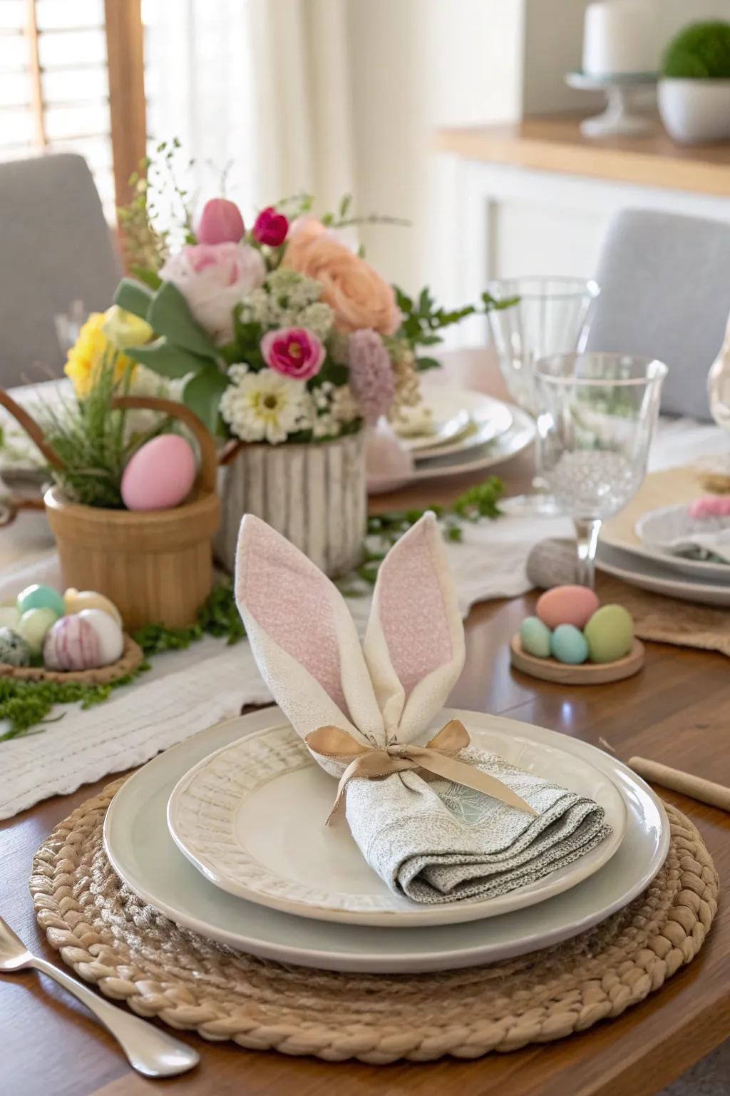 The table is given a fun and festive touch by the rabbit ear serviette rings.