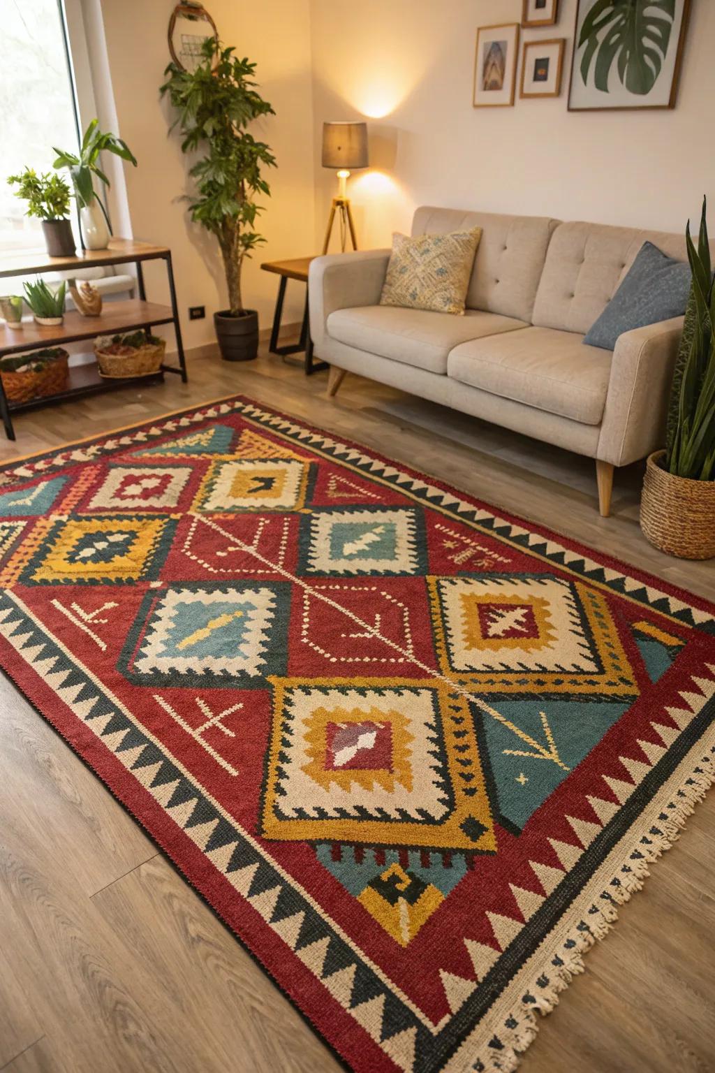 A living space with an angular rug that brings the décor together.