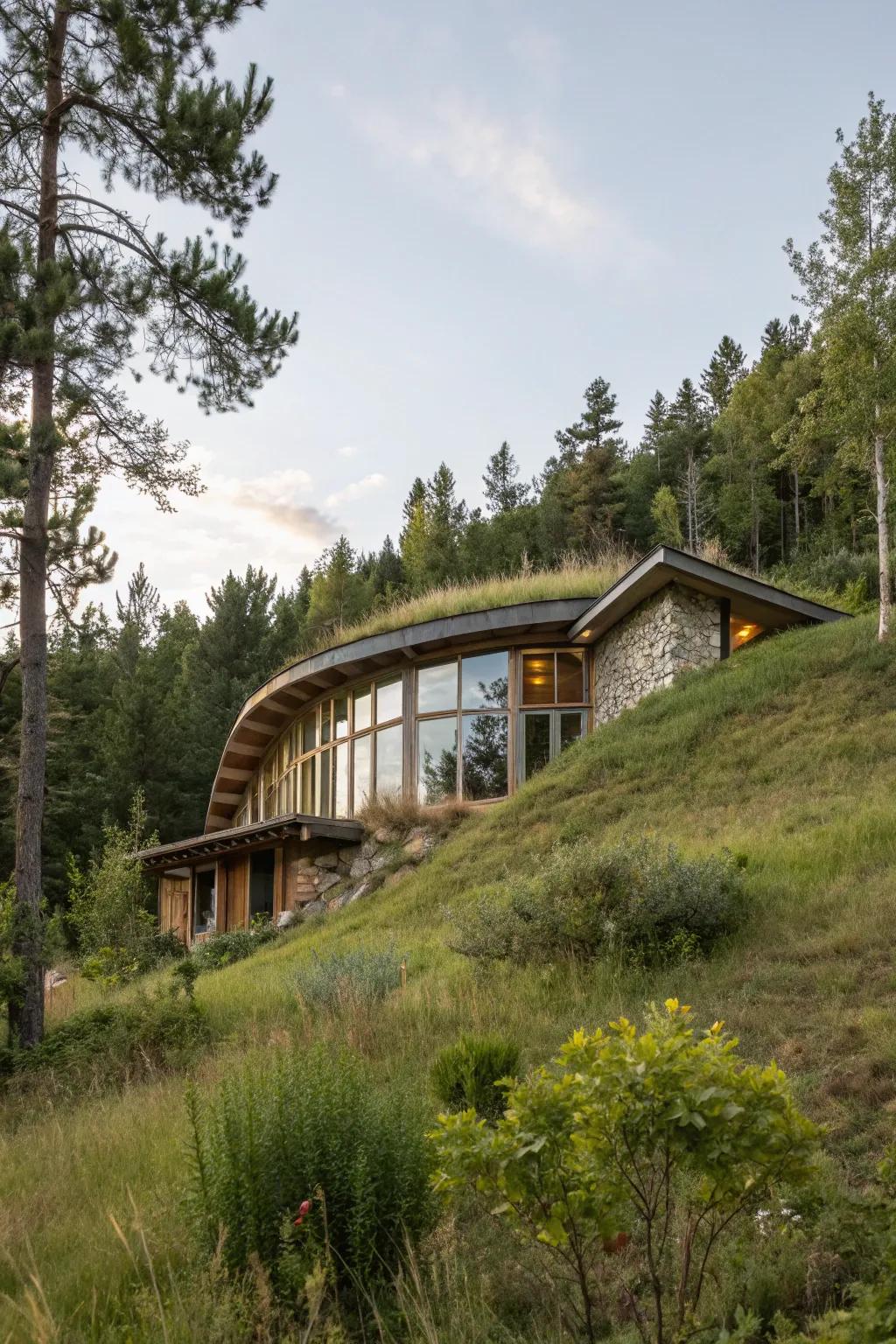 An earth-sheltered residence blending seamlessly into a hillside, demonstrating natural harmony.