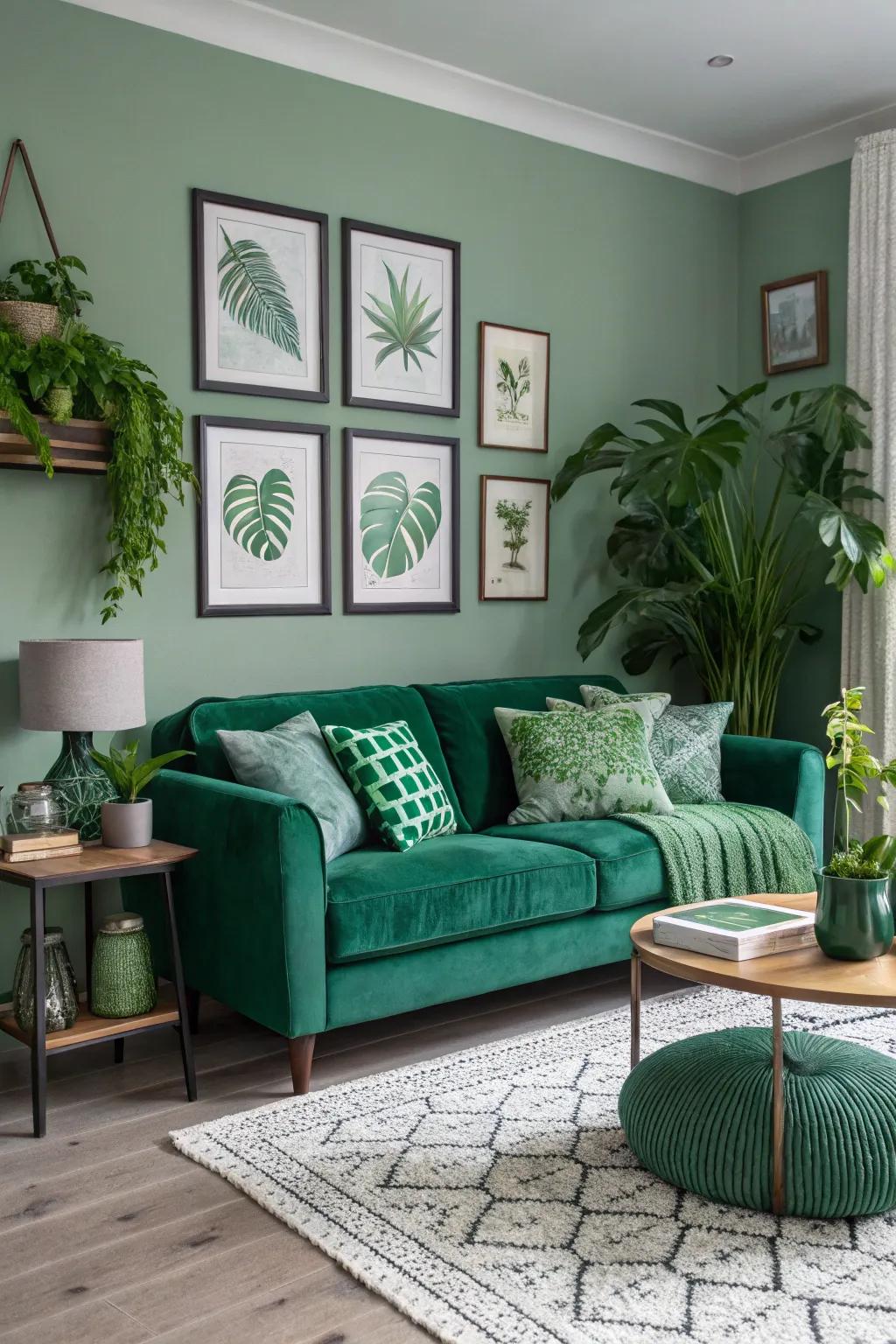 A stylish one-color scene with varying shades of green.