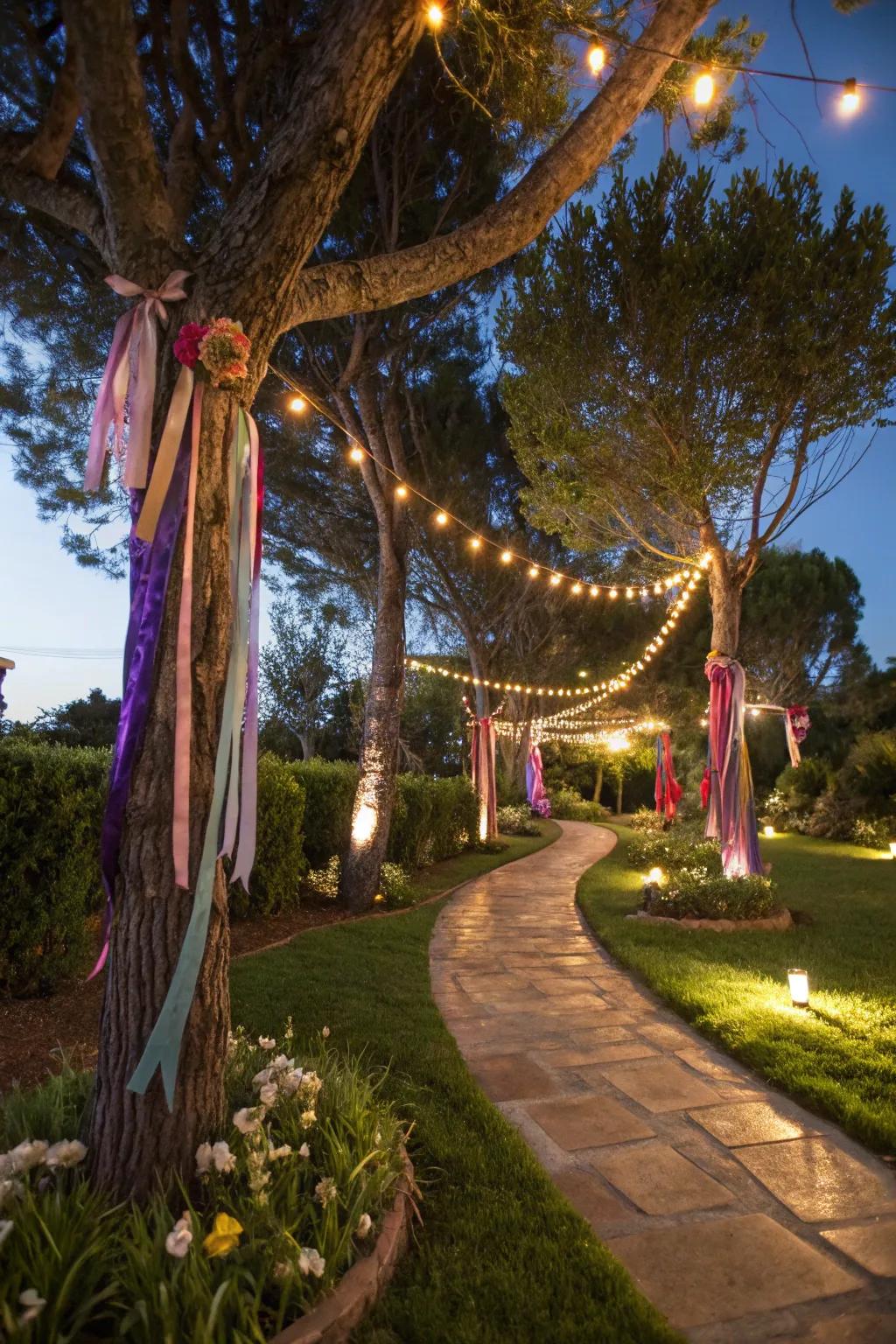 Adorned branches contribute magic to the garden setting.