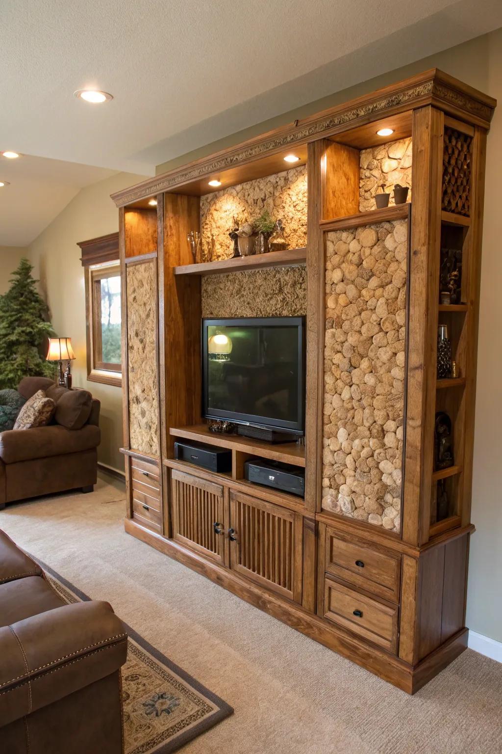 Uncommon materials like cork and repurposed timber introduce a unique element to this entertainment space.