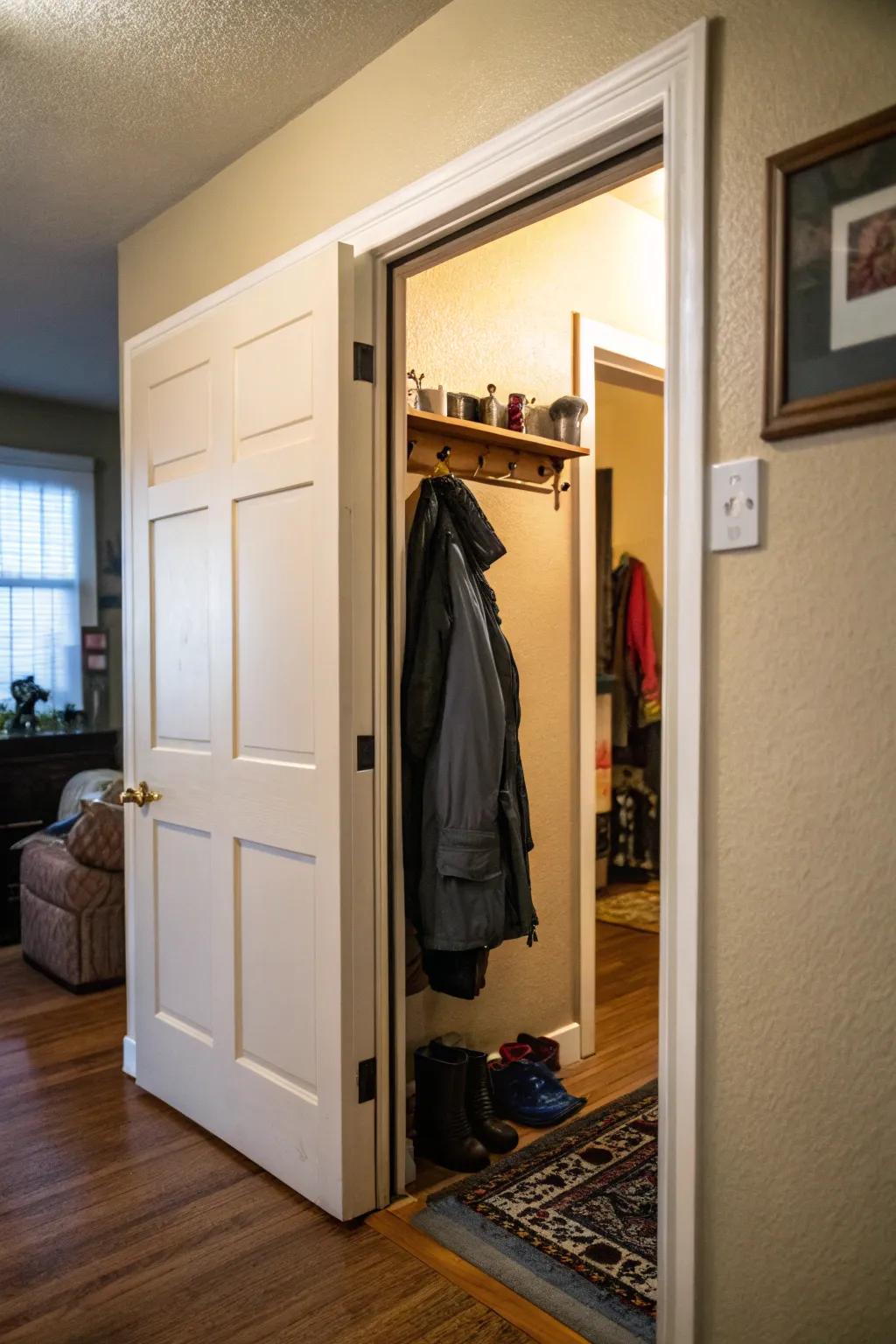 Conceal coats behind a sliding door for a streamlined entryway.