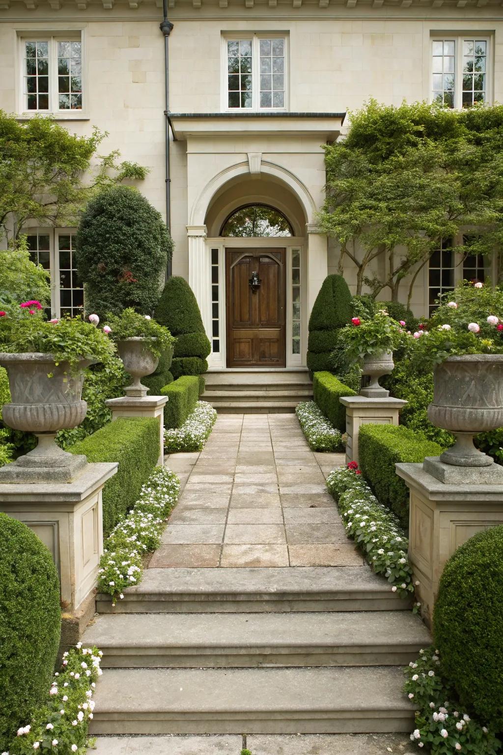 Symmetrical landscaping frames the entryway beautifully.