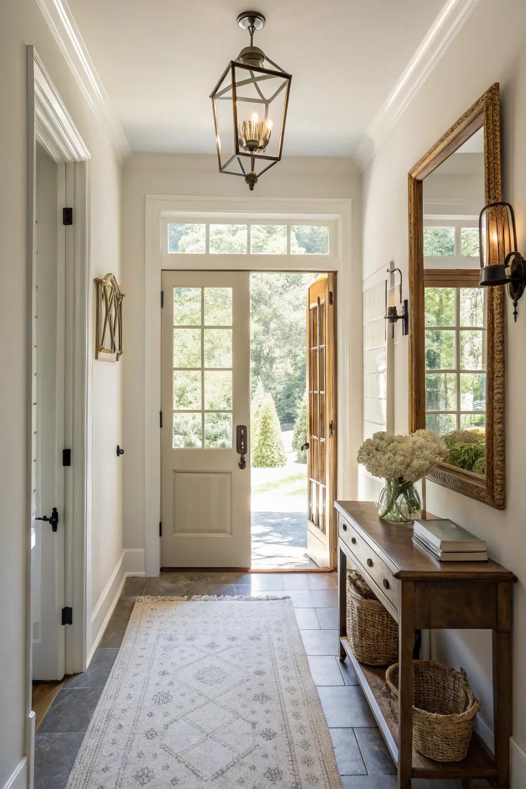 A mirror placed across from a window enhances natural light and boosts the entryway's ambiance.