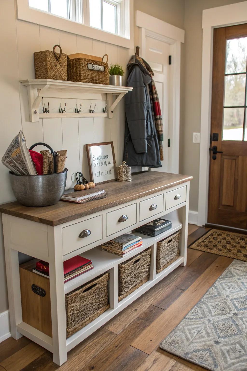 A console table infuses functionality and a hint of refinement into this mudroom.