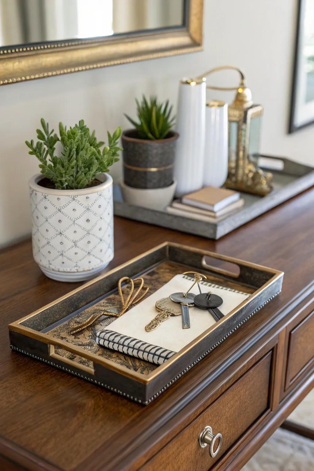 An entryway surface keeps daily essentials arranged and accessible.