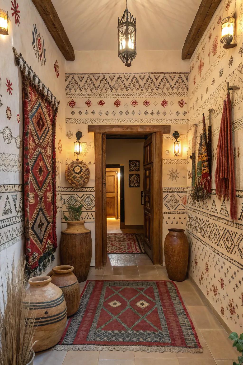 A worldly entryway showcases cultural patterned wallpaper, celebrating global influences.