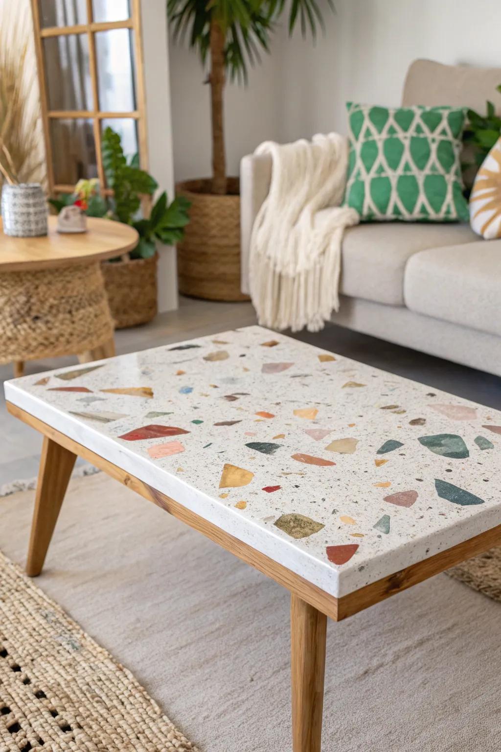 Unveil the artistic fascination of terrazzo through this breathtaking epoxy coffee table, where craftsmanship encounters minimalist sophistication.
