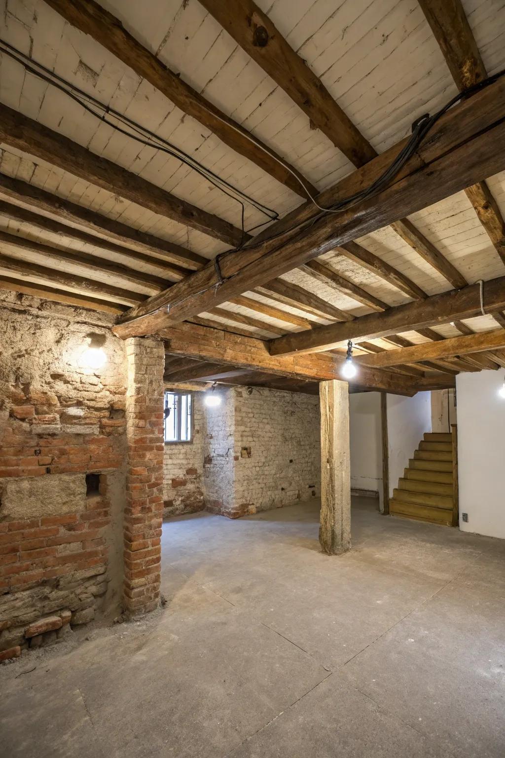 The unrefined charm of a bare ceiling highlights the unique identity of the space.