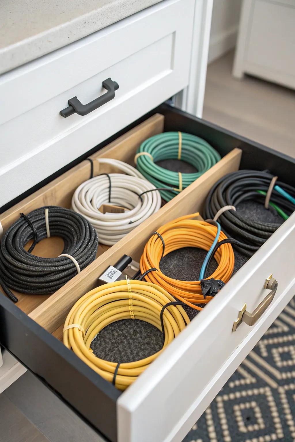Spiral wrapping with twist ties keeps cords compact and tidy.