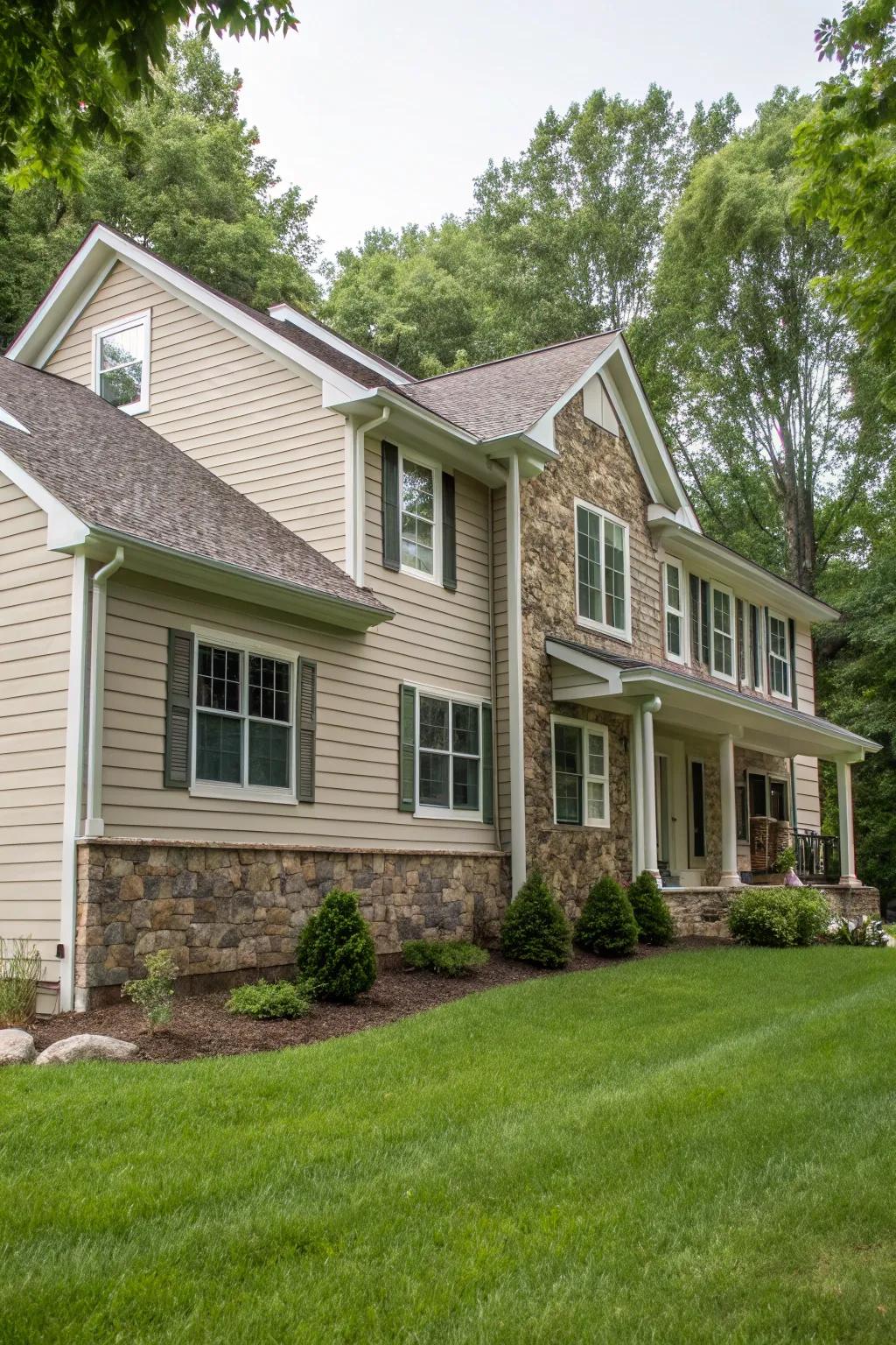 Natural stone introduces a rustic elegance to window exteriors.
