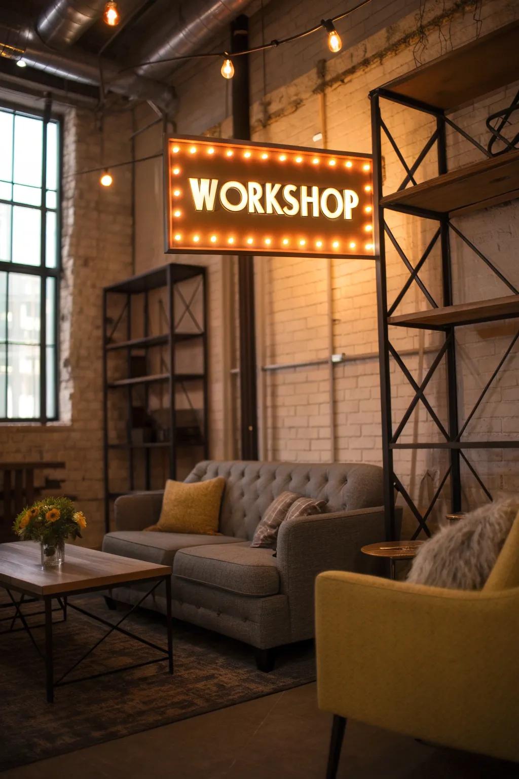 A cozy room exhibiting an industrial backlit luminescence sign.