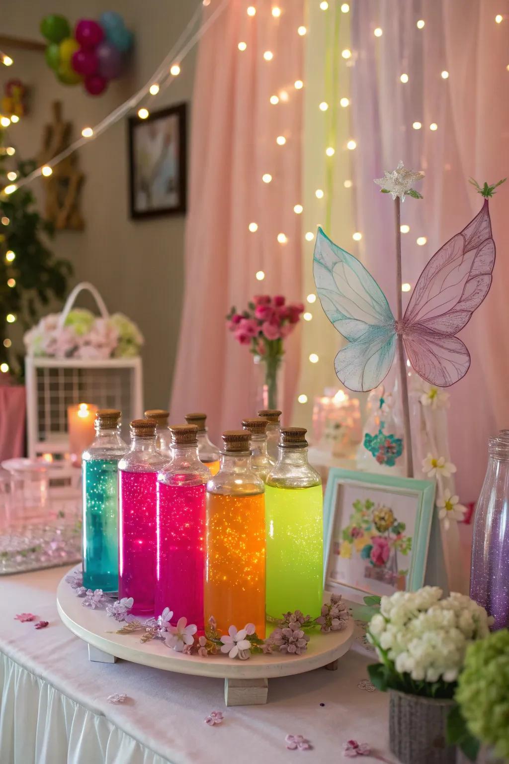 An enchanting fairy elixir station offering magical drinks.