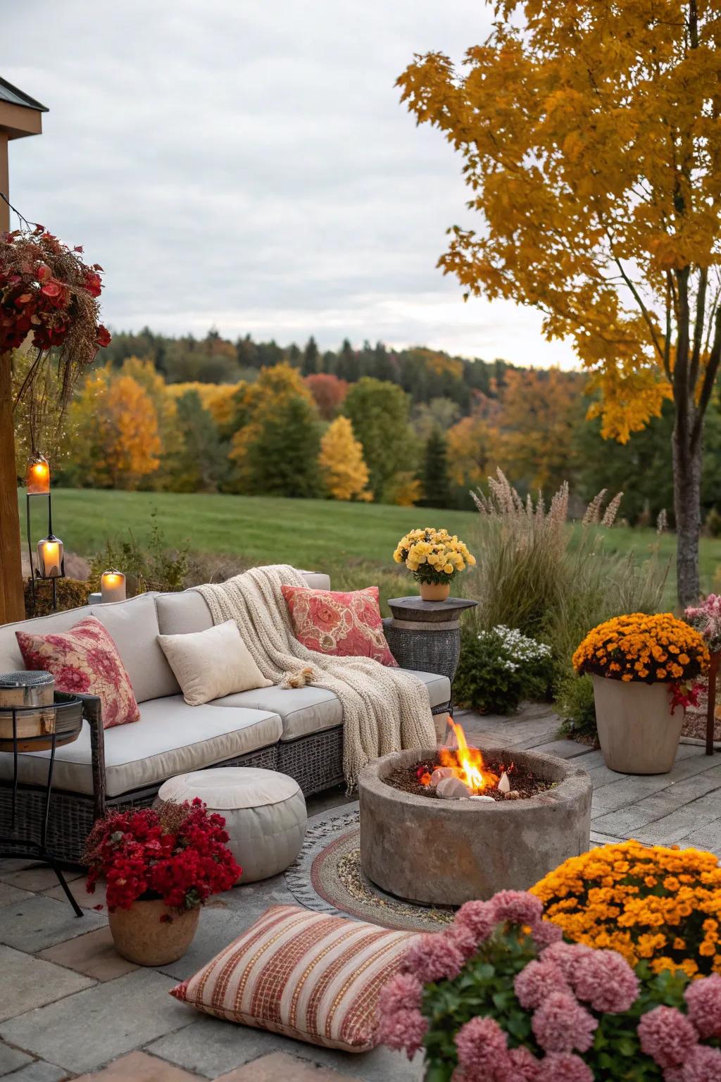 An outdoor garden paradise with cozy seating for crisp autumn nights.