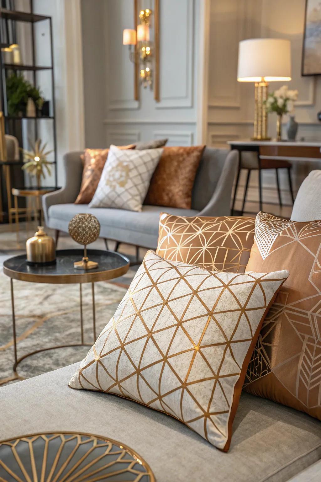 Geometric patterns in metallic hues add a modern touch.