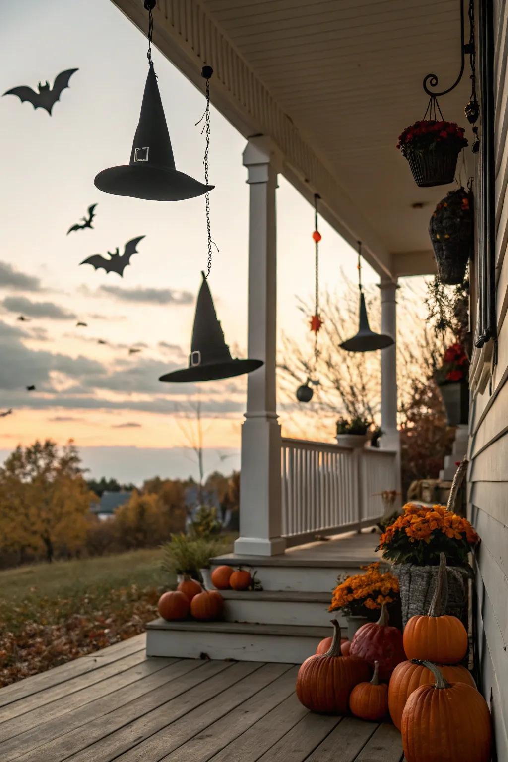 Subtle Halloween hints add playful touches to the fall porch decor.