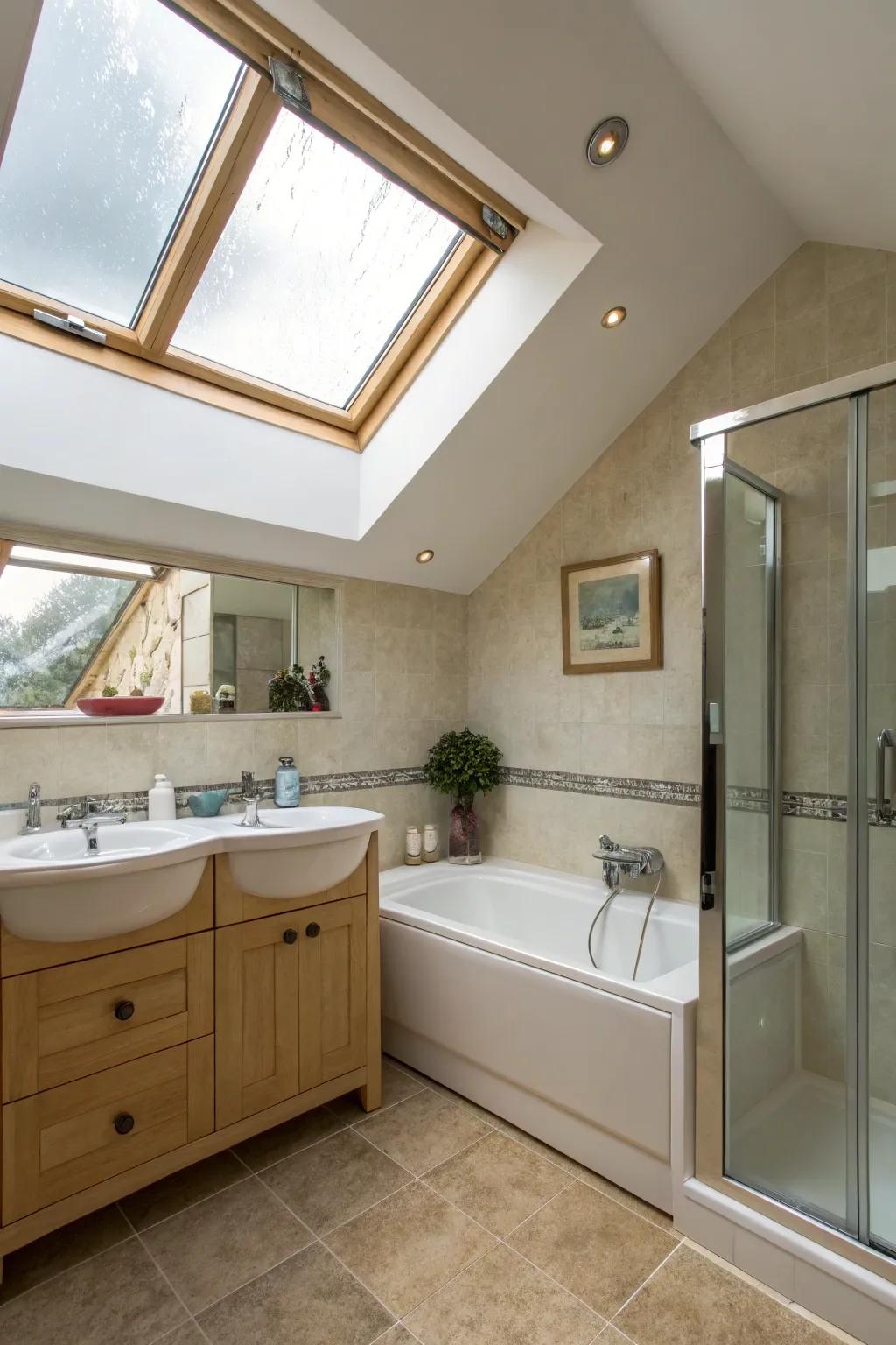 A clearstory enhances the bathroom's natural beauty.