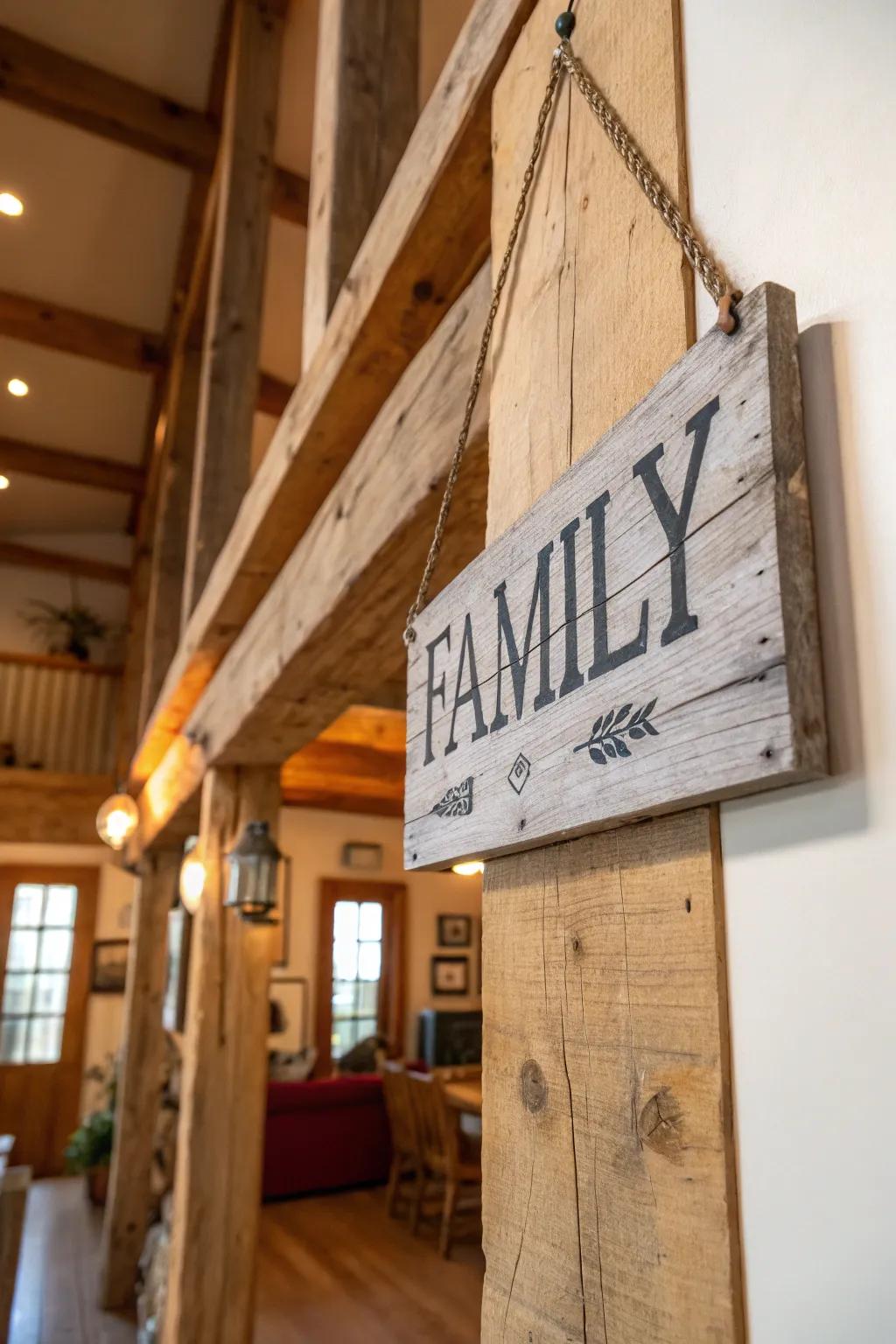 A reclaimed timber lineage name marker bringing country allure to an abode.