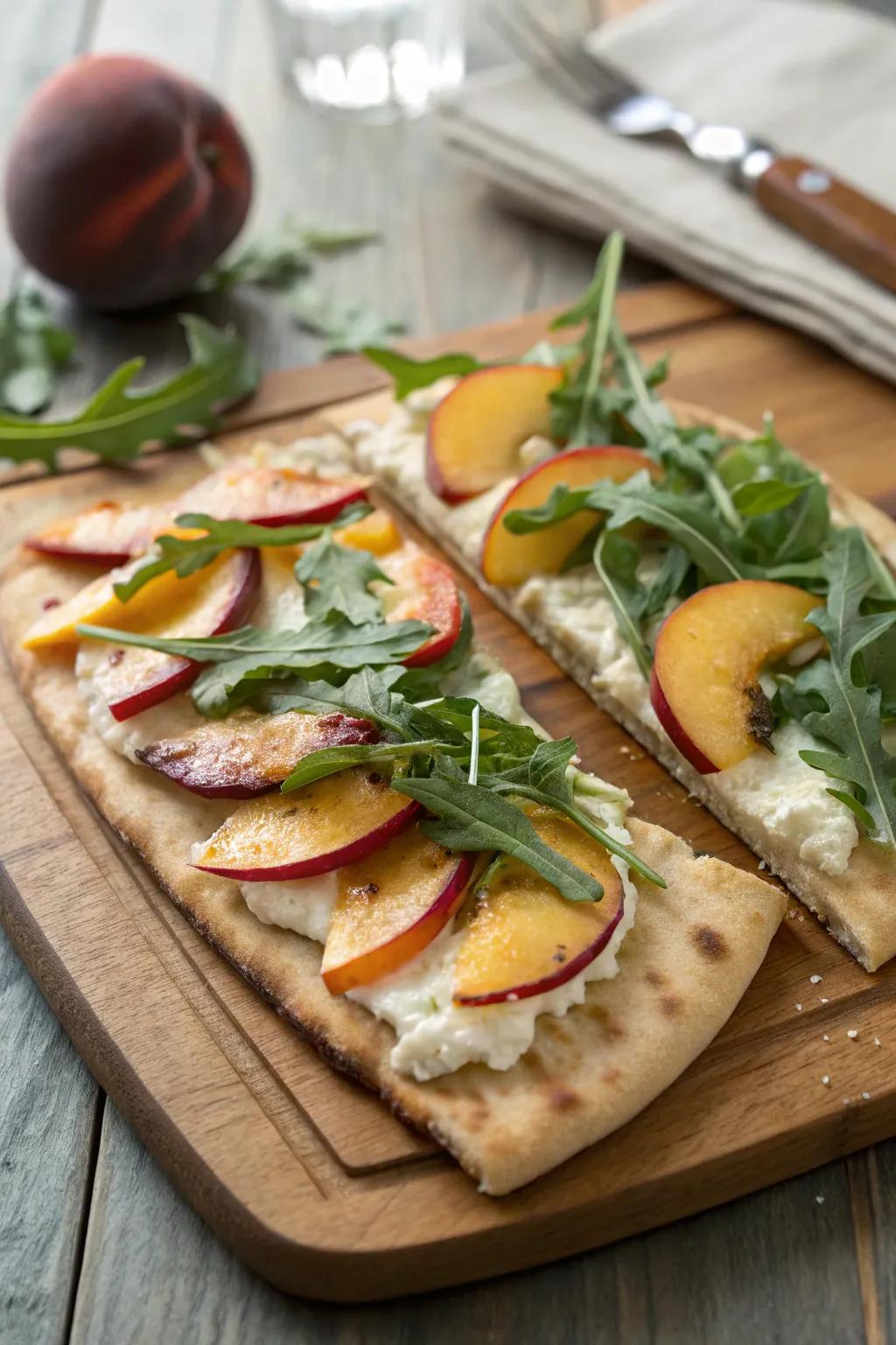 Stone fruit and arugula crispbread, a sweet and savory delight.