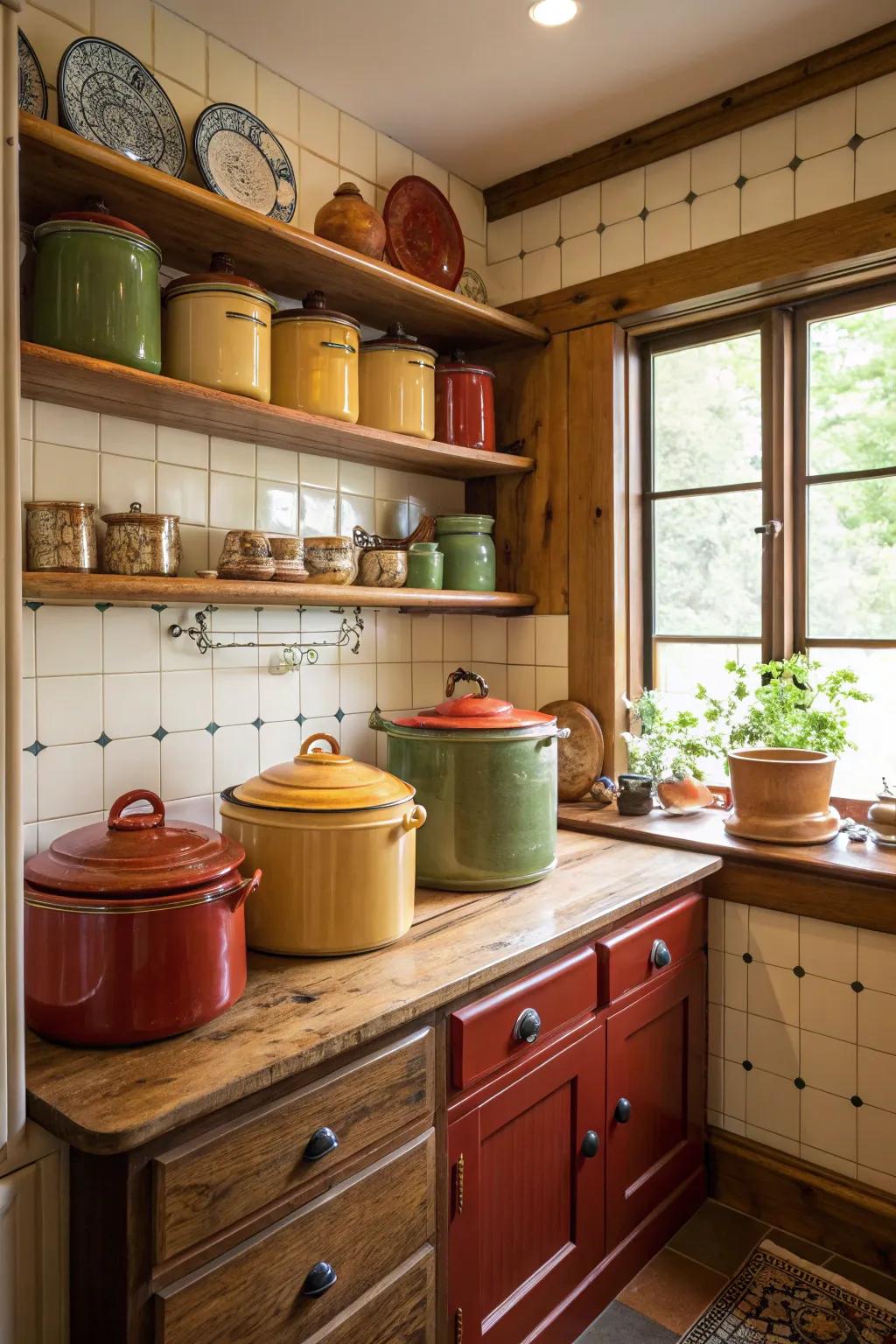 Antique stoneware adding nostalgic charm to the kitchen.