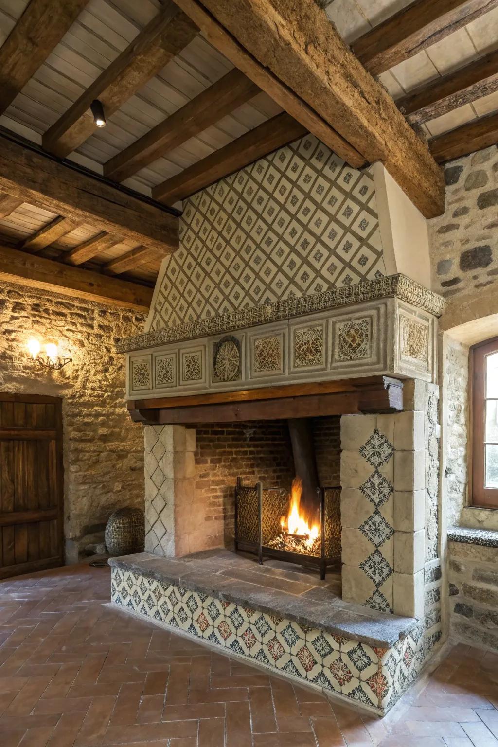 Textured tiles adding dimension to a farmhouse fireplace.
