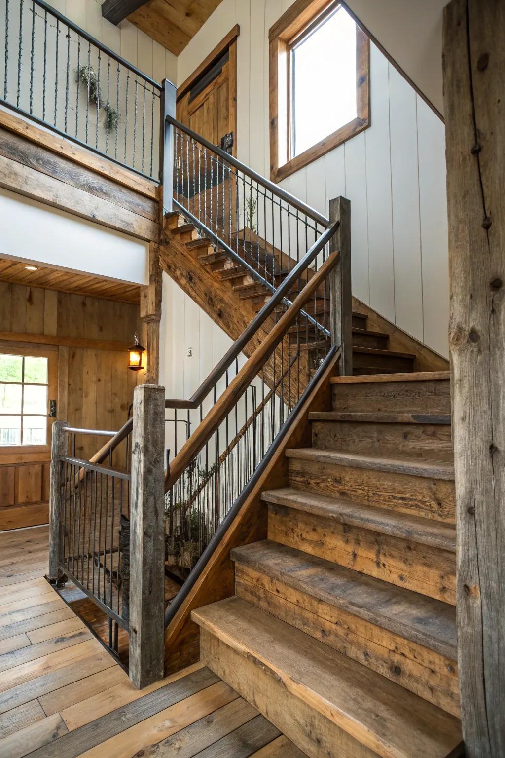 The farmhouse staircase has more depth because of mixed textures.