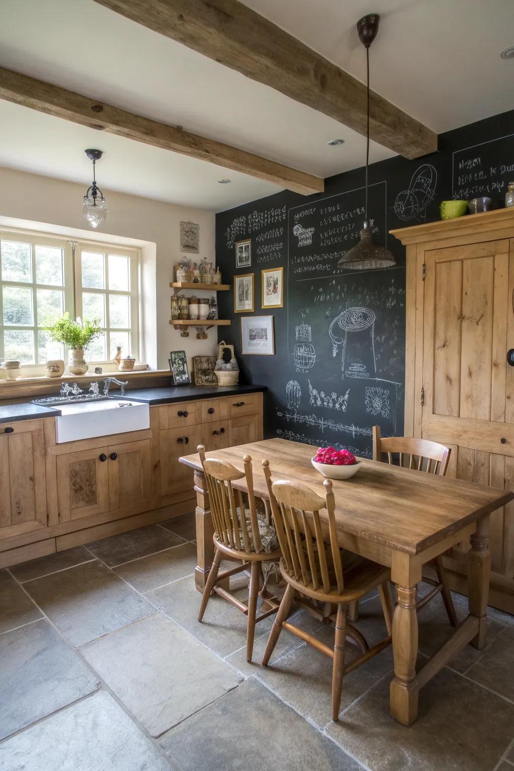 A farmhouse kitchen featuring a functional markable wall surface.