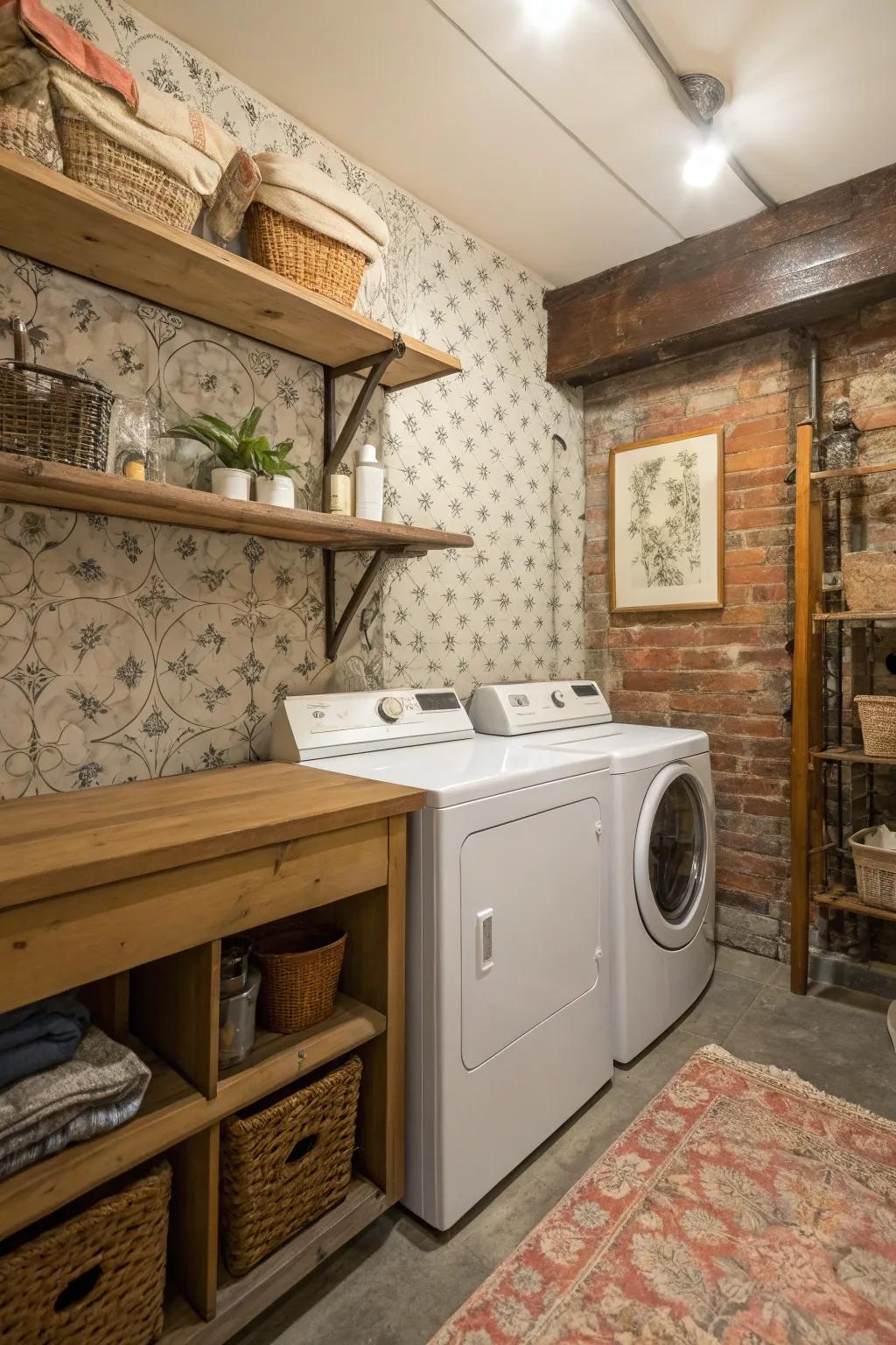 Adhesive-backed covering offers a user-friendly and quick means to personalize this farmhouse laundry area.