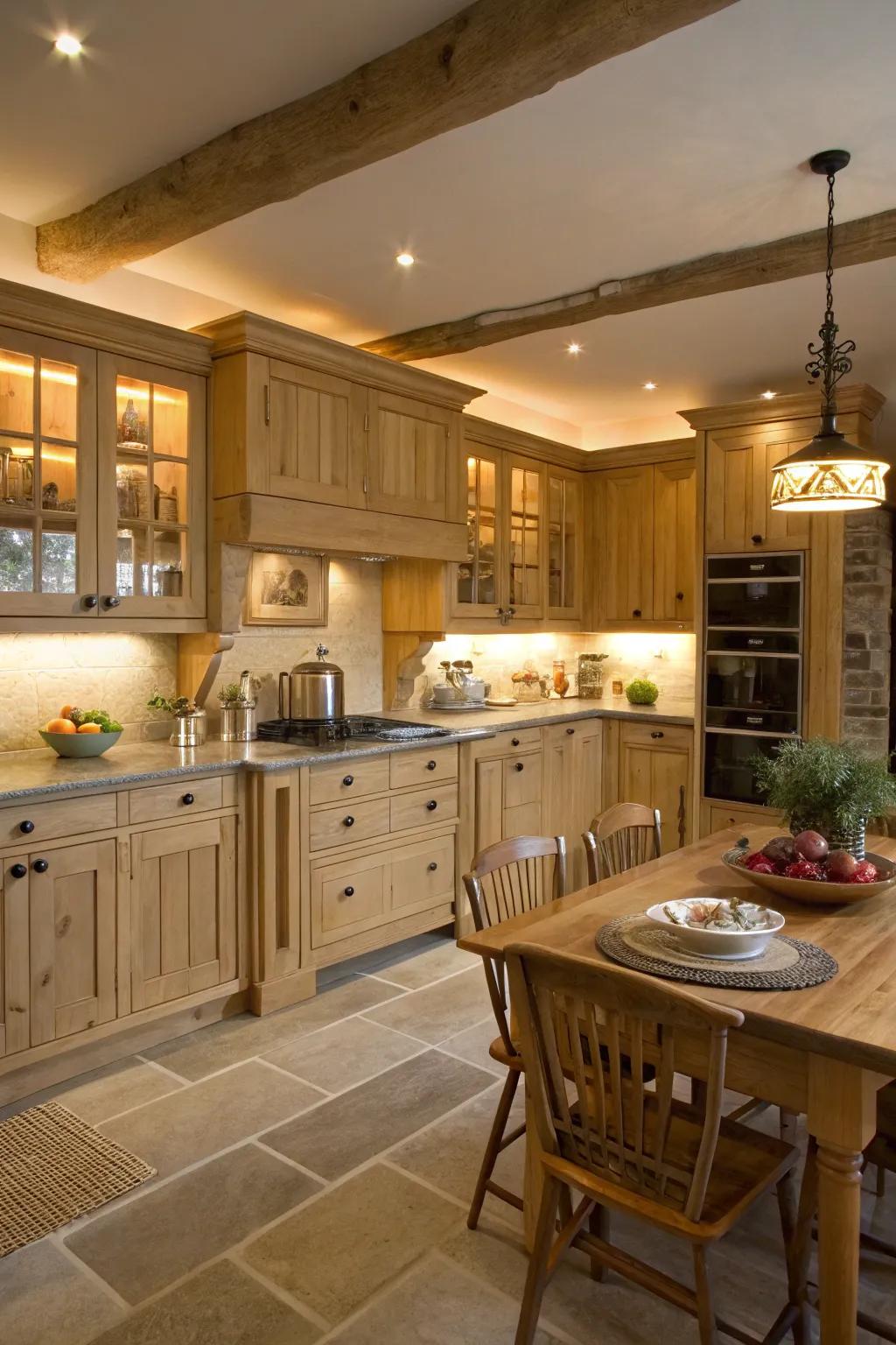 Concealed lighting showcases the style of pale wood cabinetry.