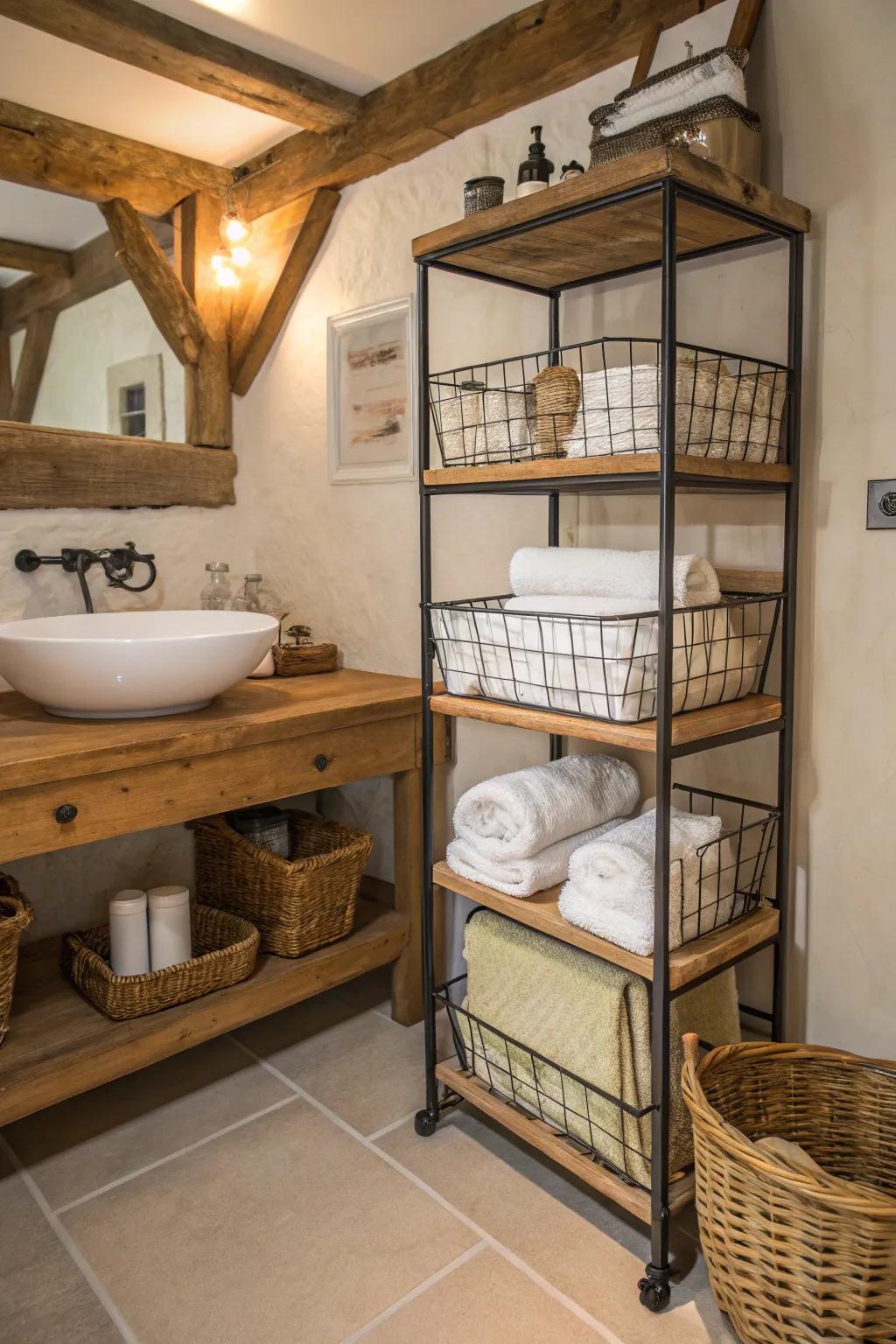 Wire baskets provide practical and fashionable storage in this bathroom.