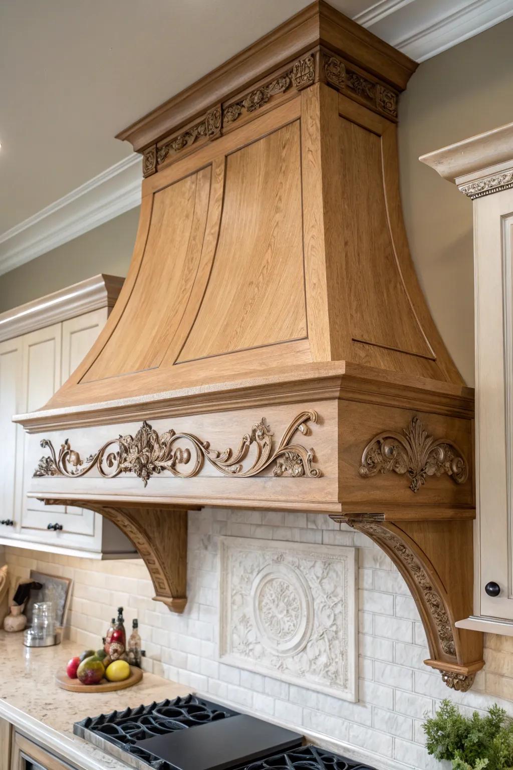 Decorative corbels add classic elegance to a range hood.