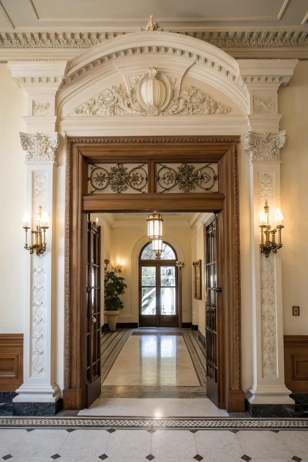 Imposing entrances with simulated crown molding.