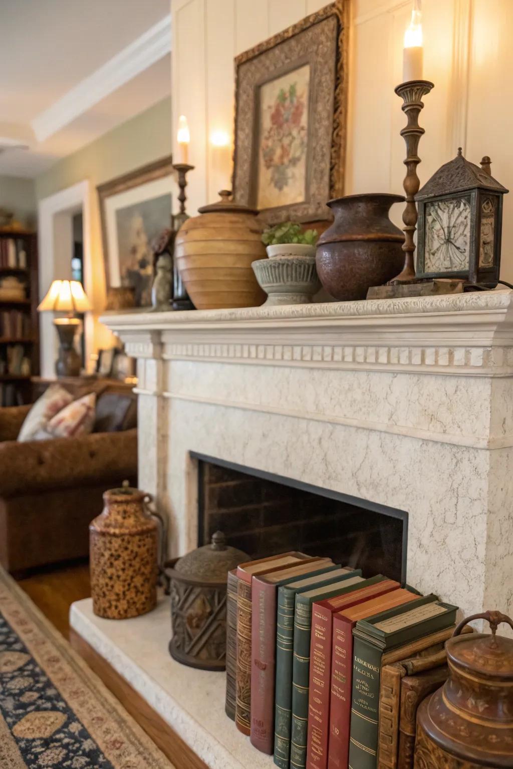 An imitation fireplace mantel featuring a display of charming time-honored discoveries.