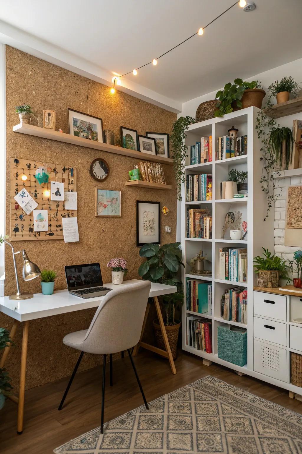 A cork wall serves as a distinctive and useful accent in this study.