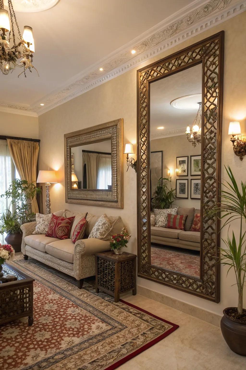 Ornamental looking glasses enhancing the space and light in the living room.