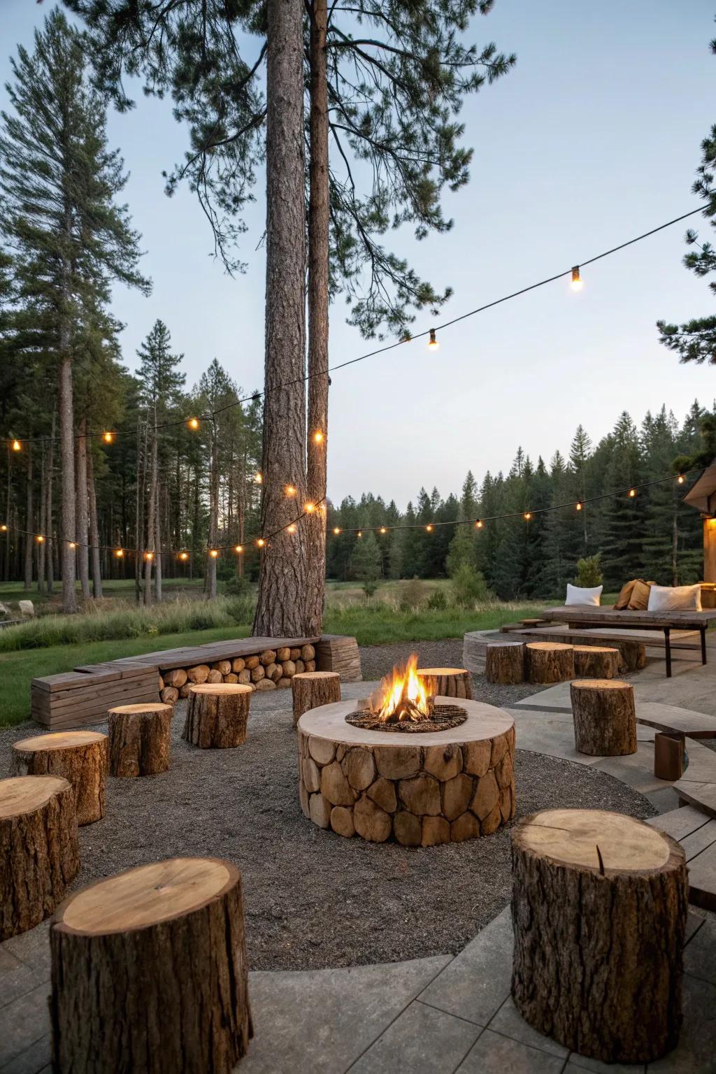 Timber section seats add a whimsical, natural accent to the fire pit area.