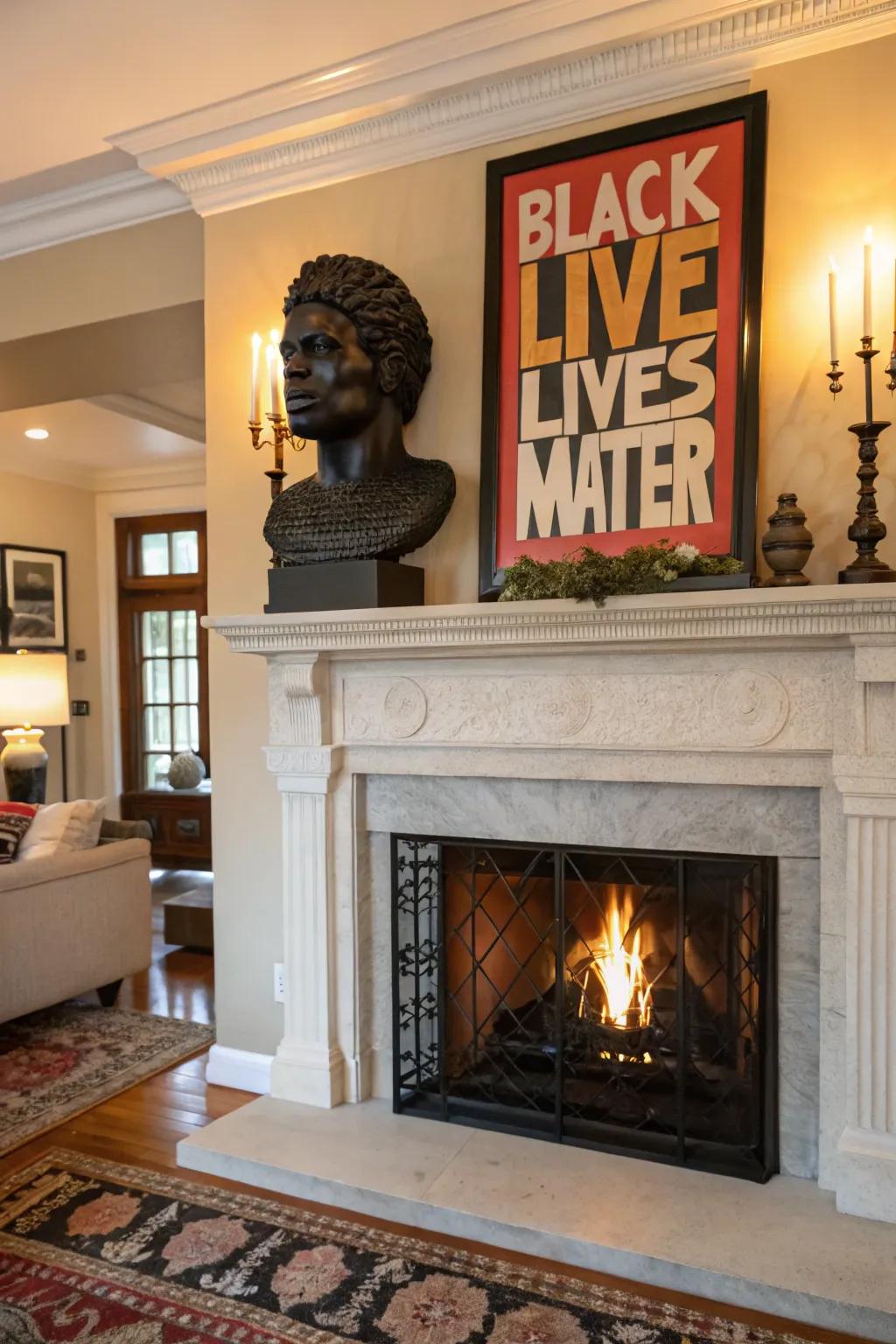 An audacious declaration piece fashioning a robust focal point on the mantel.